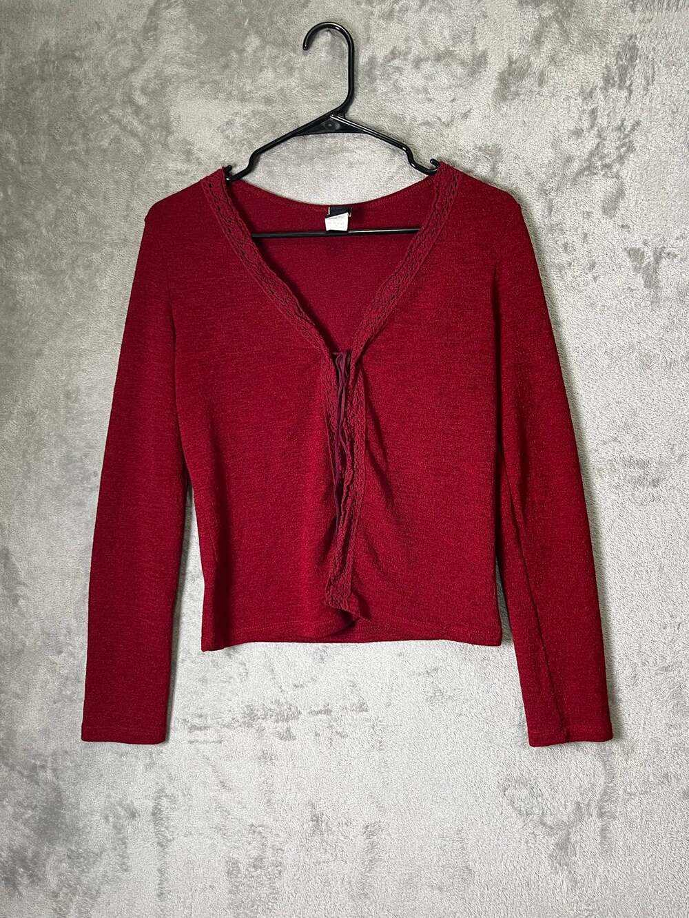 Vintage Y2K Tie Front Ribbed Knit Cardigan Top Burgundy Red Long Sleeve Small